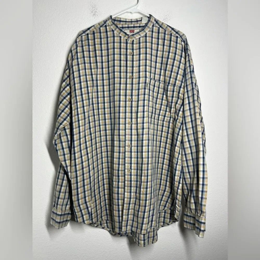 Vintage Levis Shirt Mens Size Large Blue Plaid Pockets Cotton Stand Collar